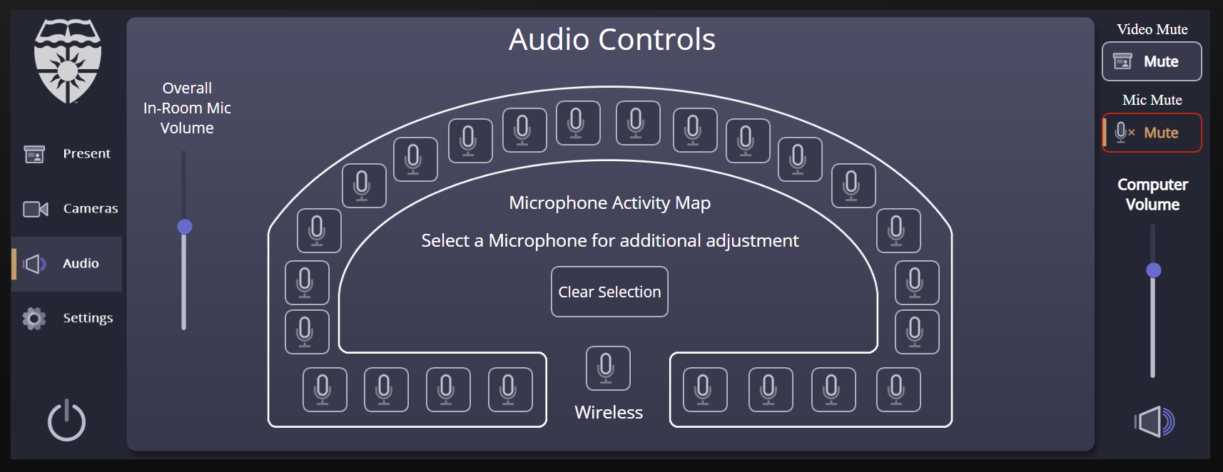 Custom audio controls and microphone activity map.