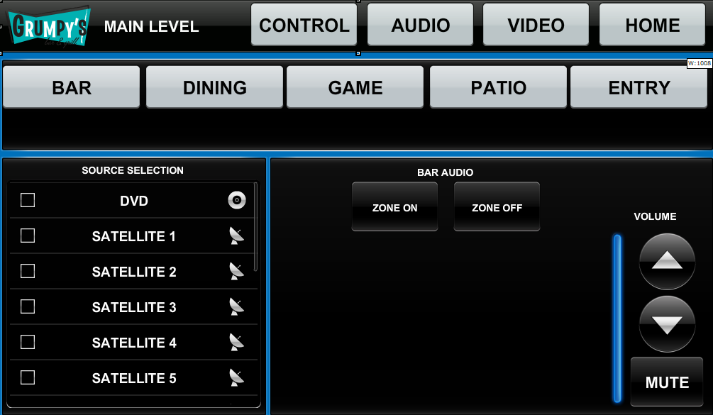 Custom restaurant audio zone control interface.