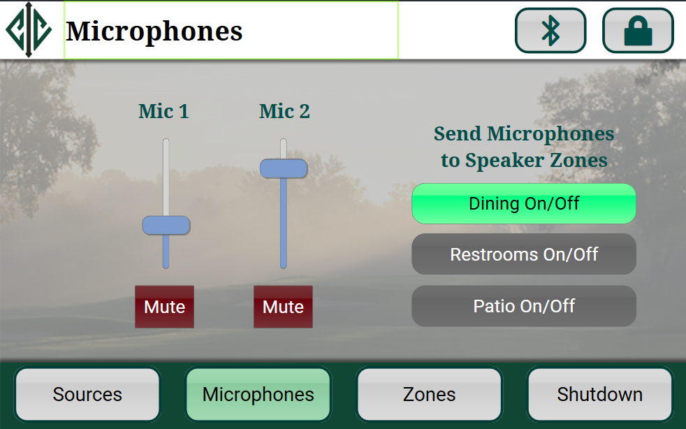 Custom microphone and speaker zone control interface.