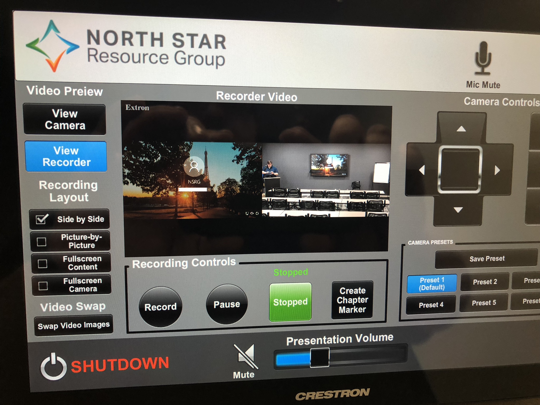 North Star Resource Group recorder video and camera control touchpanel.