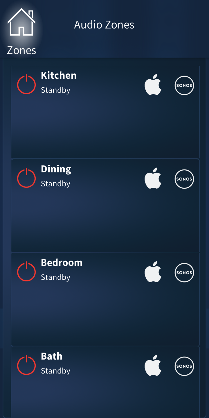 Phone interface showing audio zones for kitchen, dining, bedroom, and bath.